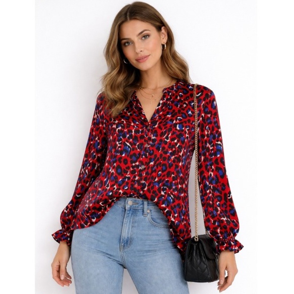 FRNCH Paris Red Leopard Print Button Down Blouse High‎ Low Hem S/M